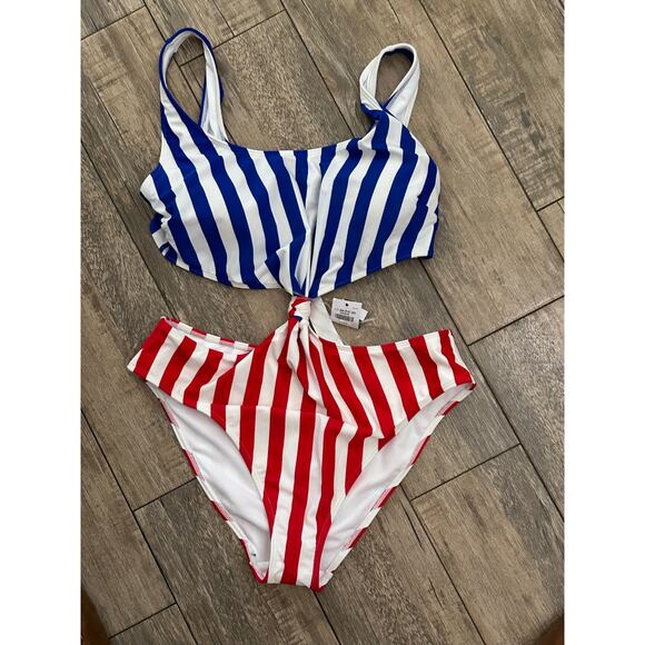 Abercrombie & Fitch Women's Red Blue Striped Cheekini One-piece Swimsuit Size XL - Picture 3 of 7